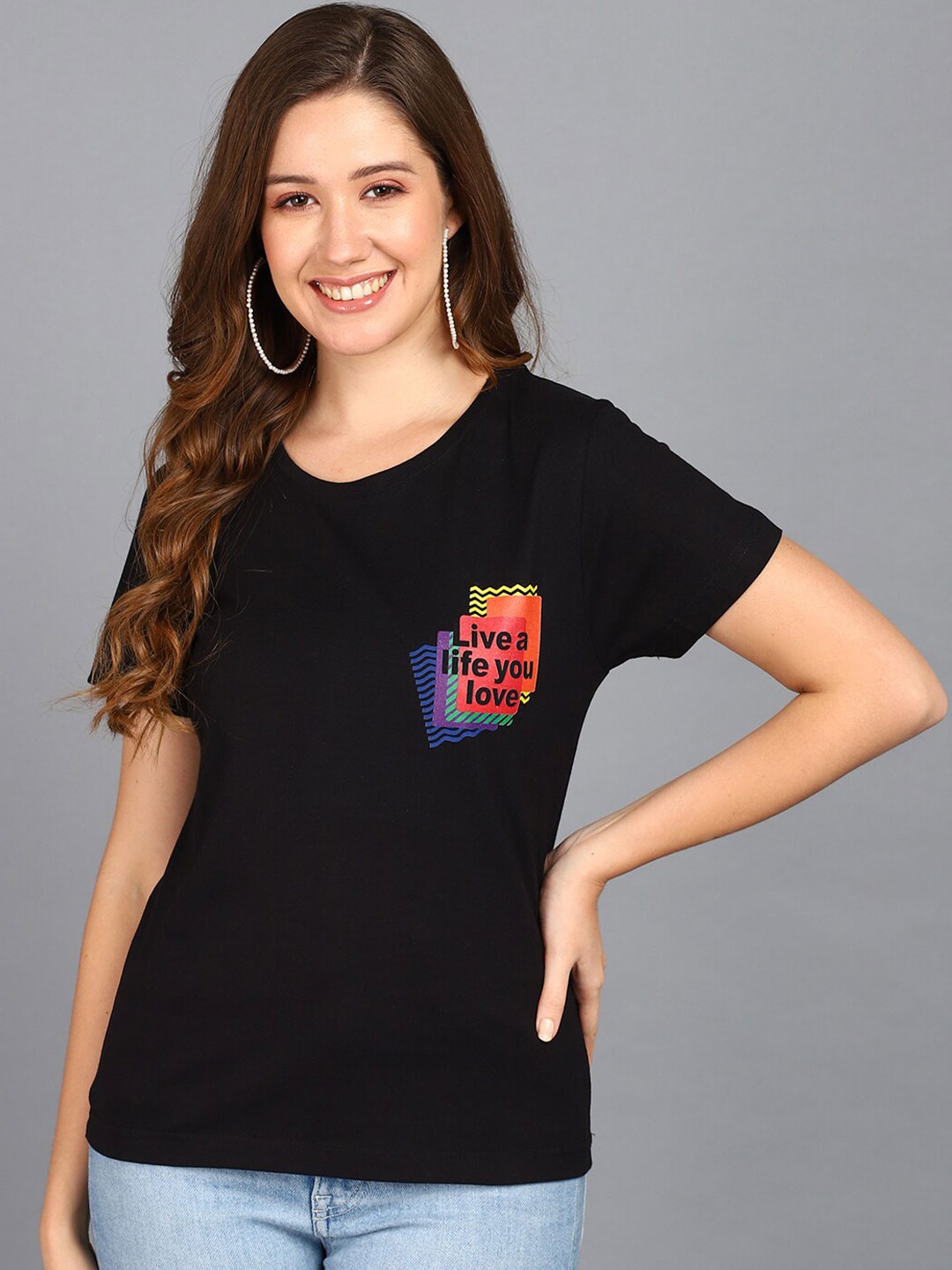 Mast & Harbour Black Typography Printed Pure Cotton T-shirt