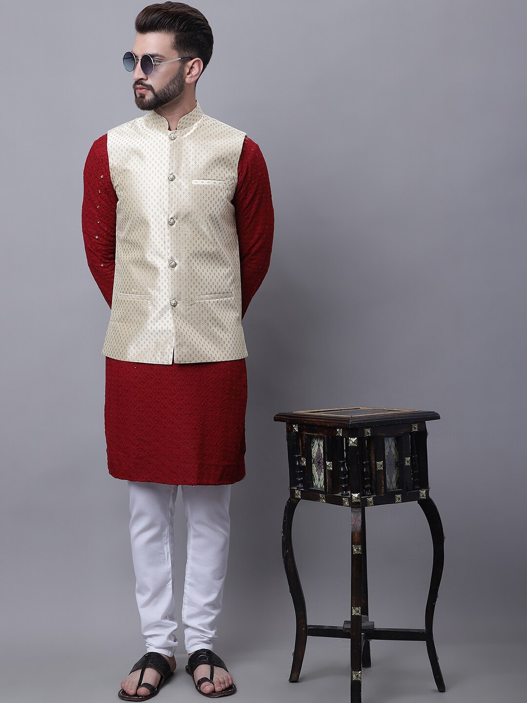 SOJANYA Sequinned Pure Cotton Kurta With Churidar & Ethnic Motifs Embroidered Nehru Jacket, Maroon
SOJANYA Sequinned Pure Cotton Kurta With Churidar & Ethnic Motifs Embroidered Nehru Jacket, Maroon