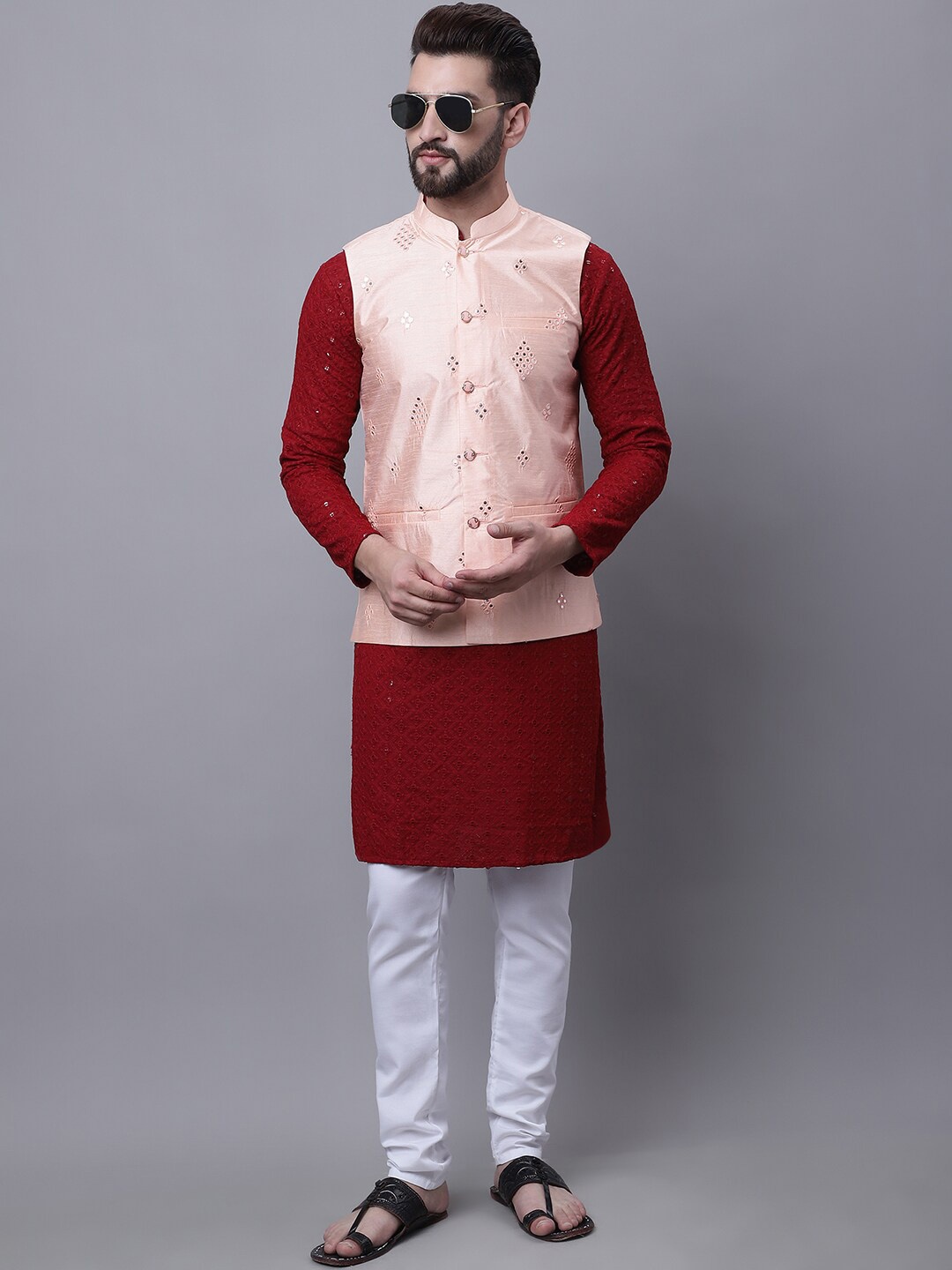 SOJANYA Men Embroidered Mirror Work Pure Cotton Kurta With Pyjamas & Nehru Jacket, Maroon
SOJANYA Men Embroidered Mirror Work Pure Cotton Kurta With Pyjamas & Nehru Jacket, Maroon