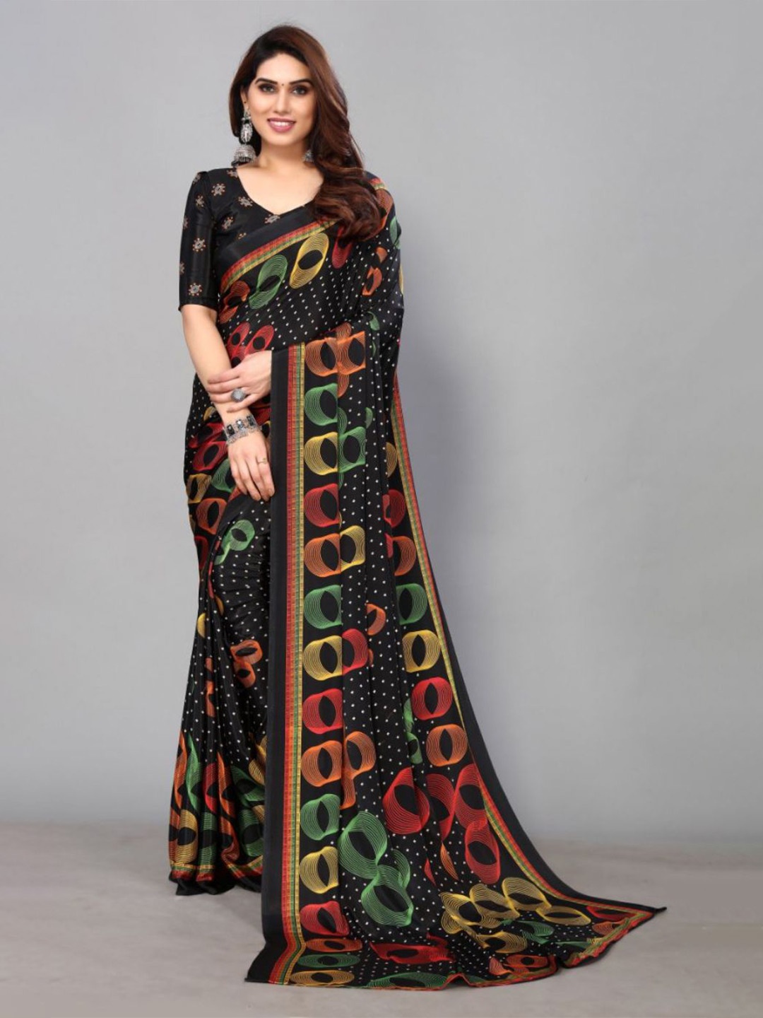 FABMORA Geometric Printed Pure Crepe Saree, Black