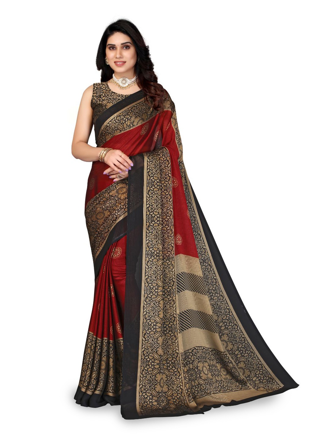FABMORA Floral Printed Poly Chiffon Saree, Red