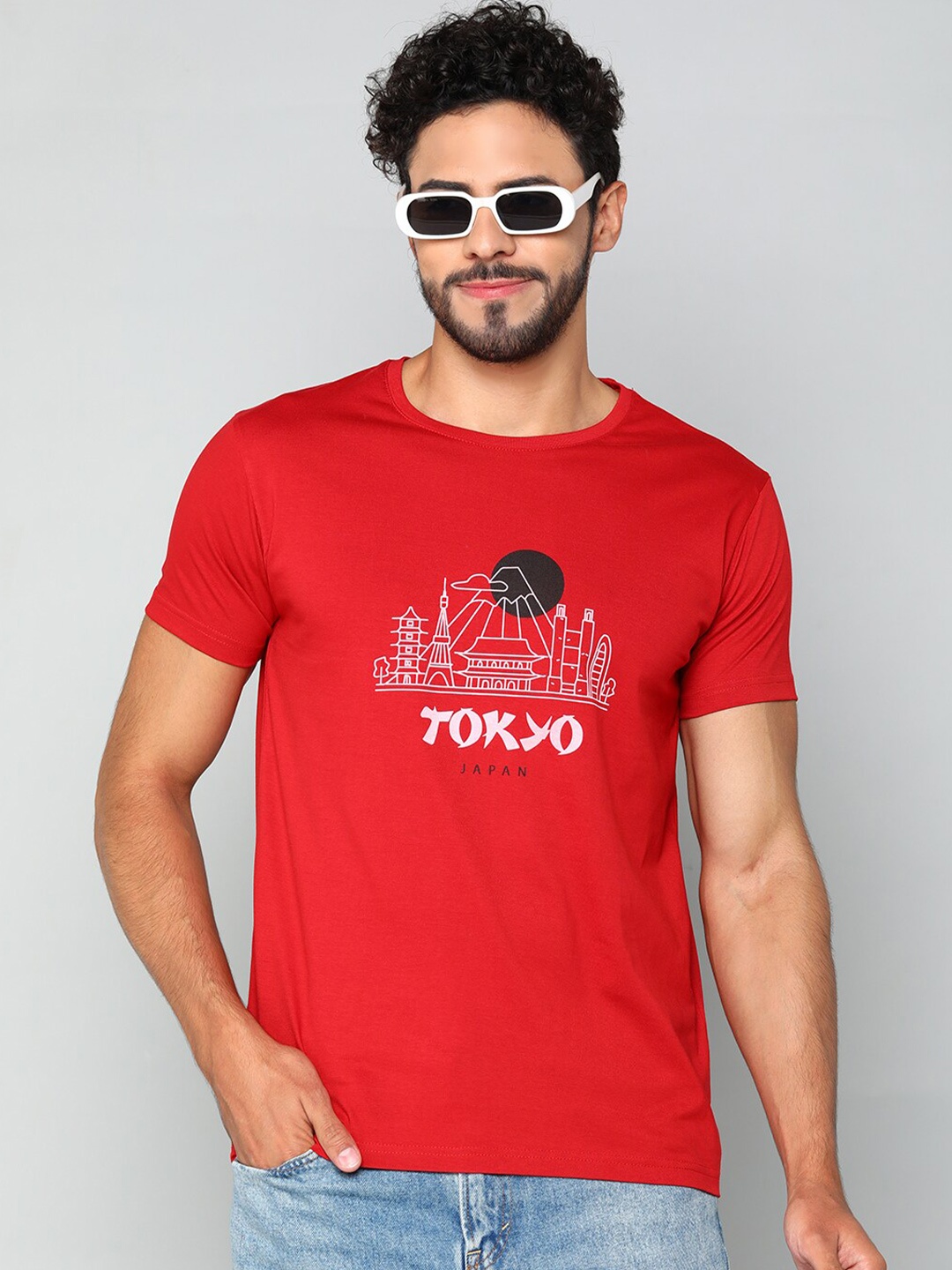 Mast & Harbour Red Typography Printed Pure Cotton T-shirt