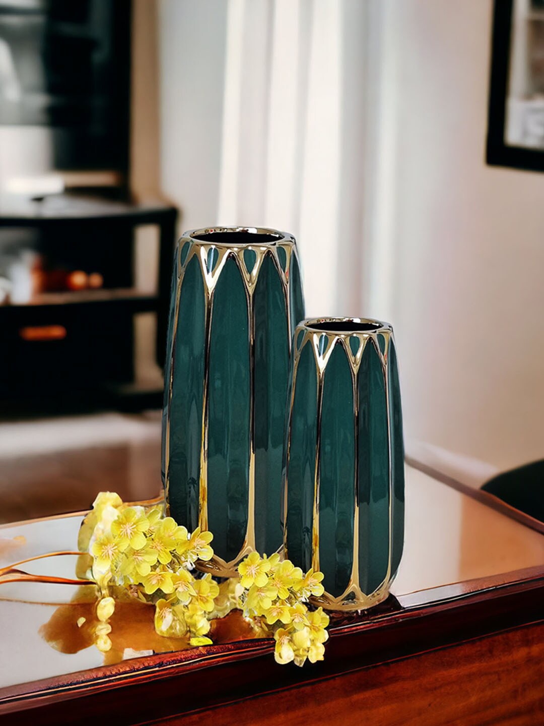 Art Street Green & Gold Toned 2 Pieces Ribbed Flower Vases
