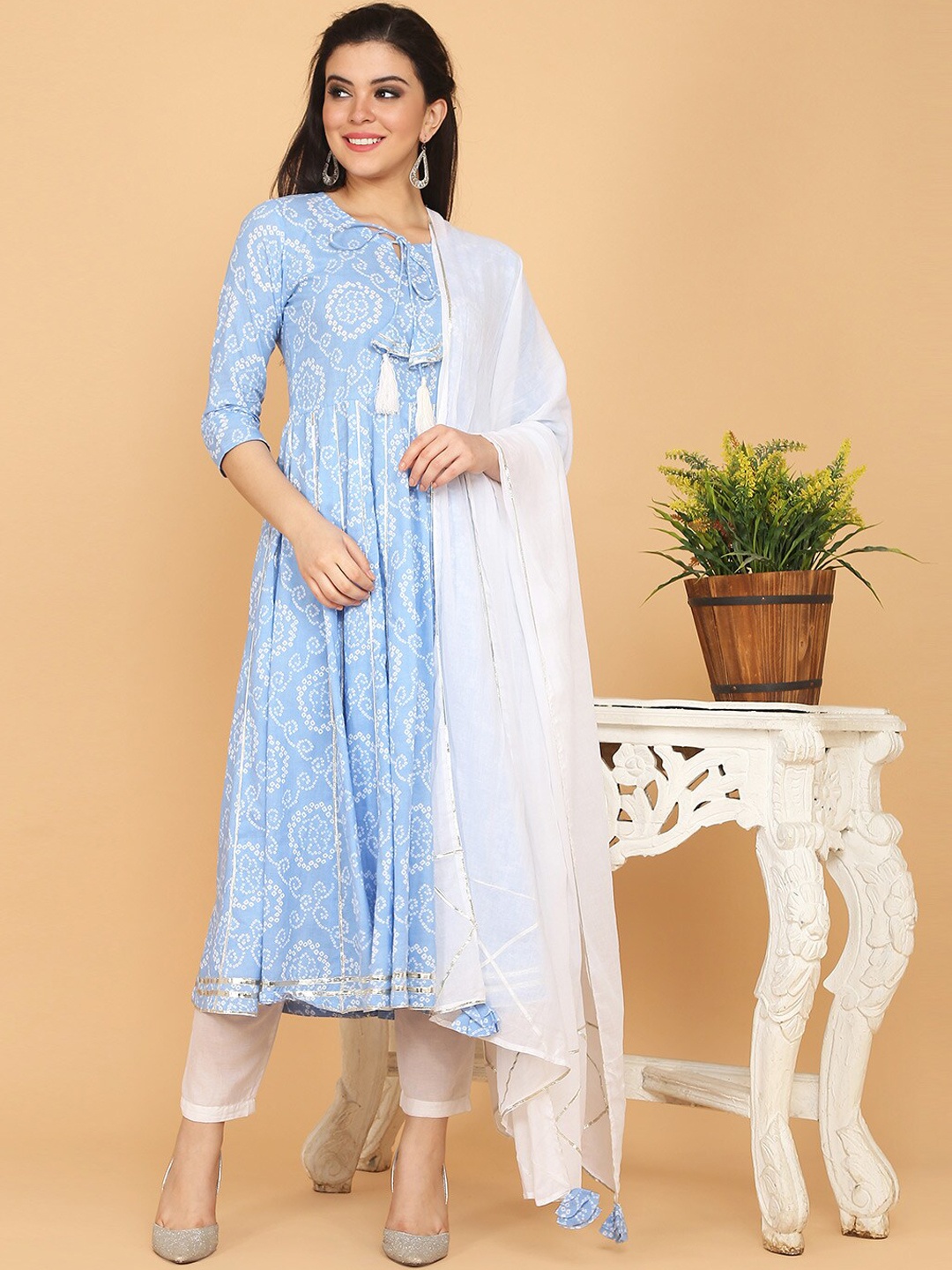 KALINI Bandhani Printed Gotta Patti Pure Cotton Kurta with Trousers & With Dupatta, Blue
KALINI Bandhani Printed Gotta Patti Pure Cotton Kurta with Trousers & With Dupatta, Blue