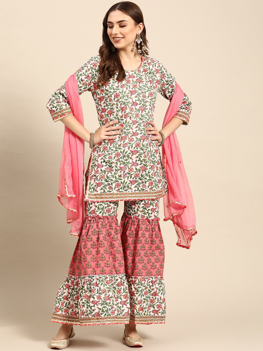 KALINI Ethnic Motifs Printed Gotta Patti Pure Cotton Kurti with Sharara & Dupatta, Pink
KALINI Ethnic Motifs Printed Gotta Patti Pure Cotton Kurti with Sharara & Dupatta, Pink