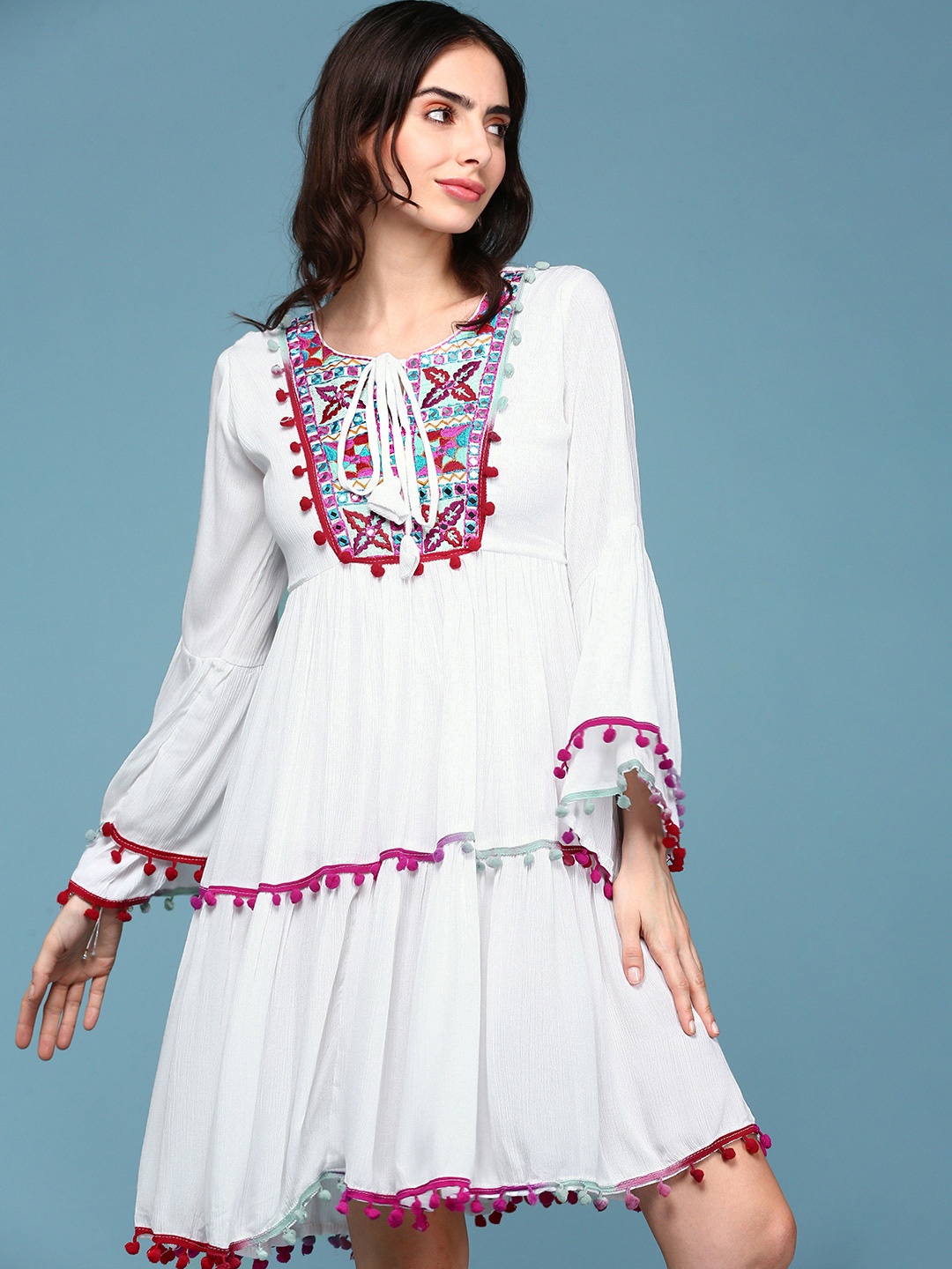 SHOWOFF Embellished Embroidered Gathered & Pom Pom Lace Cotton Fit & Flare Dress, White
SHOWOFF Embellished Embroidered Gathered & Pom Pom Lace Cotton Fit & Flare Dress, White