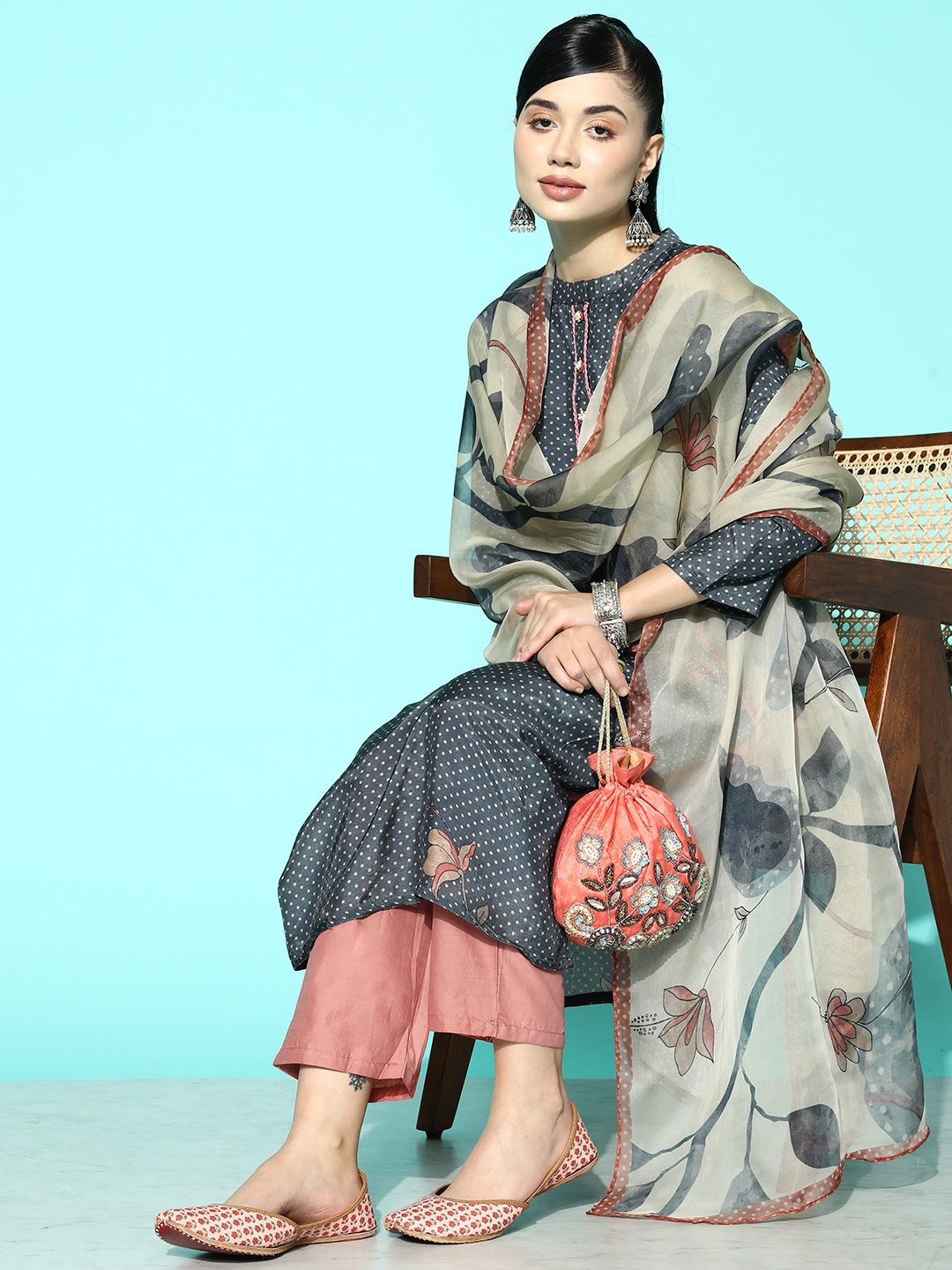 Varanga Women Teal Floral Printed Beads & Stones Pure Cotton Kurta With Trousers & Dupatta
Varanga Women Teal Floral Printed Beads & Stones Pure Cotton Kurta With Trousers & Dupatta
