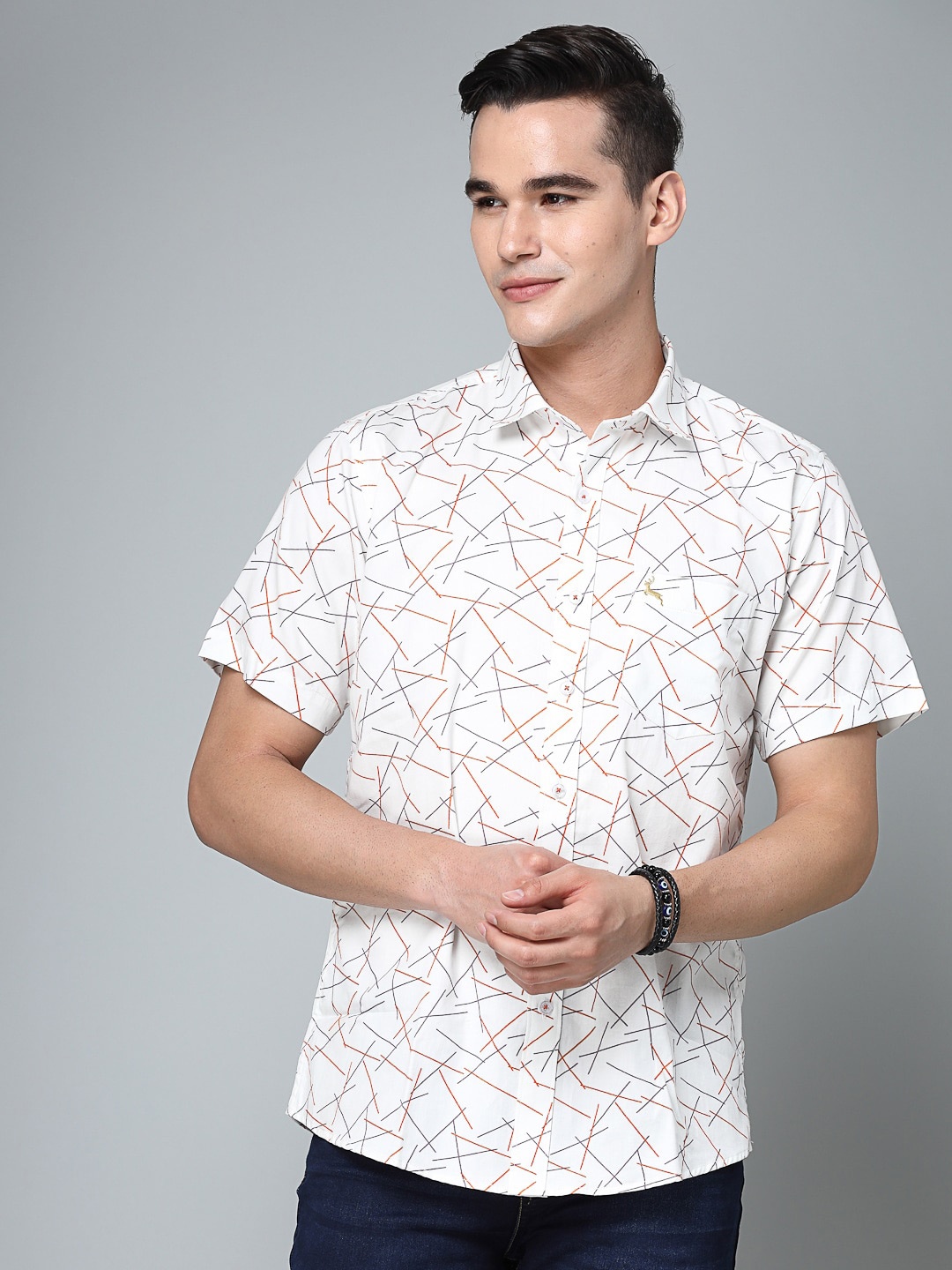 VALBONE Comfort Geometric Printed Cotton Casual Shirt, White