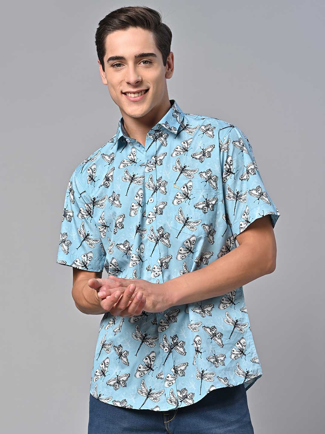 VALBONE Comfort Conversational Printed Cotton Casual Shirt, Blue