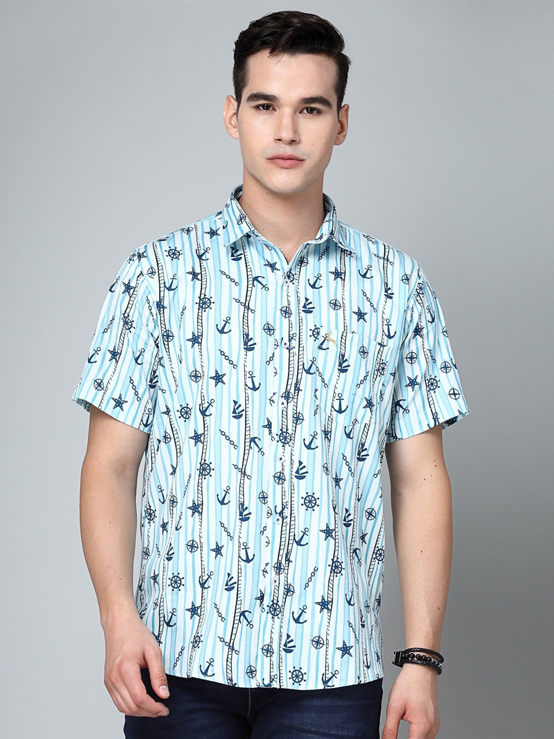 VALBONE Conversational Printed Comfort Cotton Casual Shirt, Blue