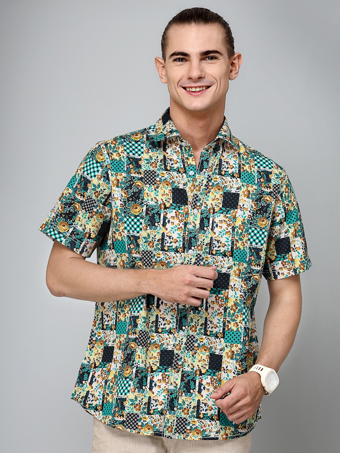 VALBONE Men Printed Comfort Cotton Casual Shirt, Green