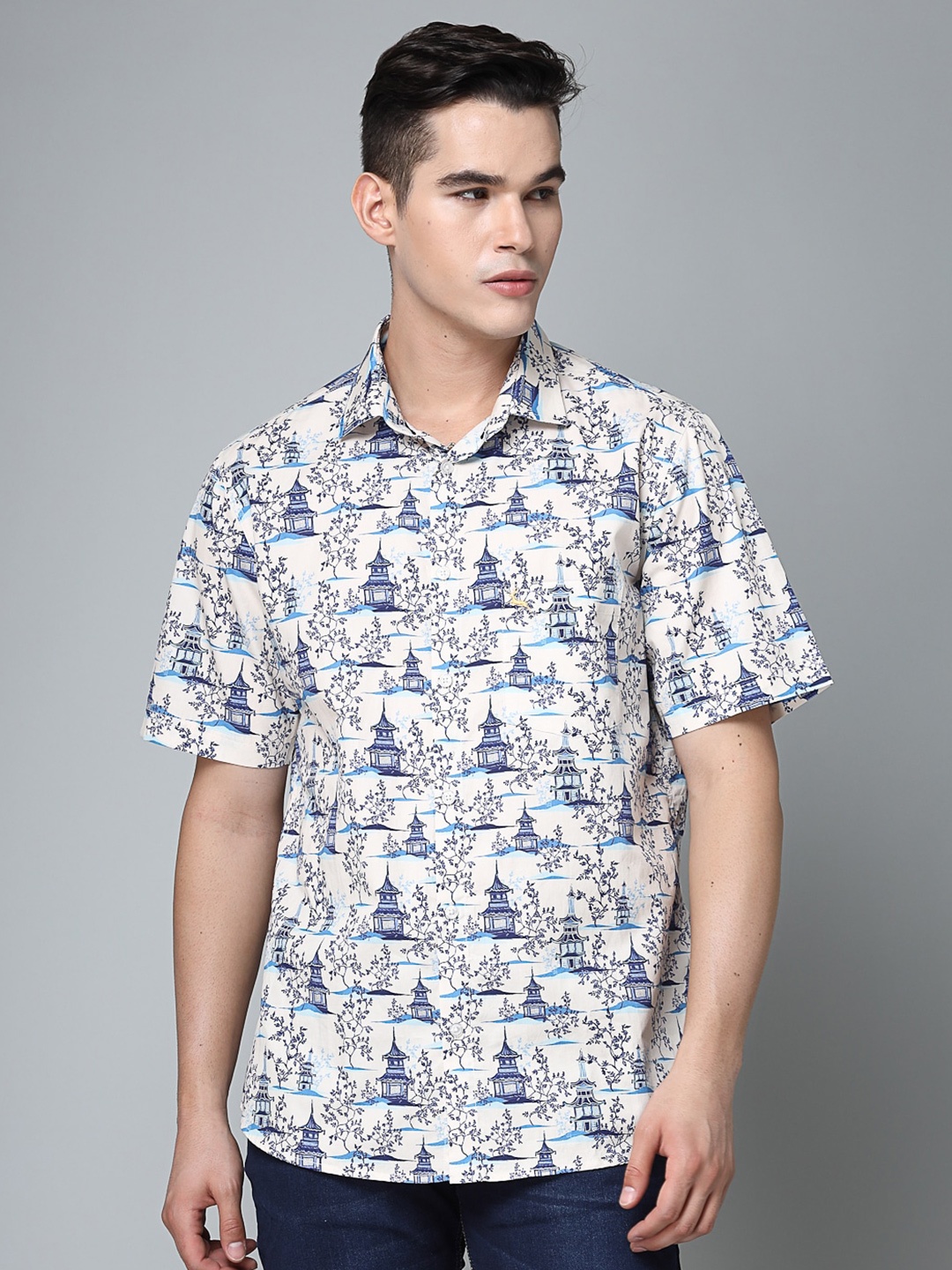 VALBONE Comfort Floral Opaque Printed Cotton Casual Shirt, White