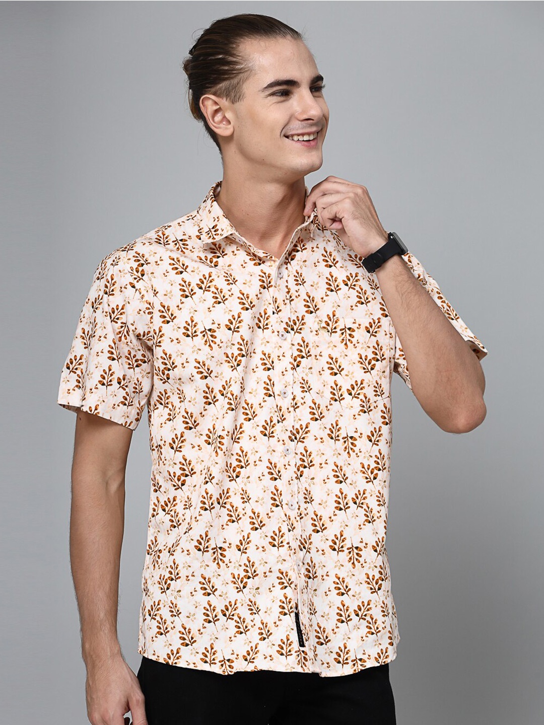 VALBONE Comfort Floral Opaque Printed Cotton Casual Shirt, Brown