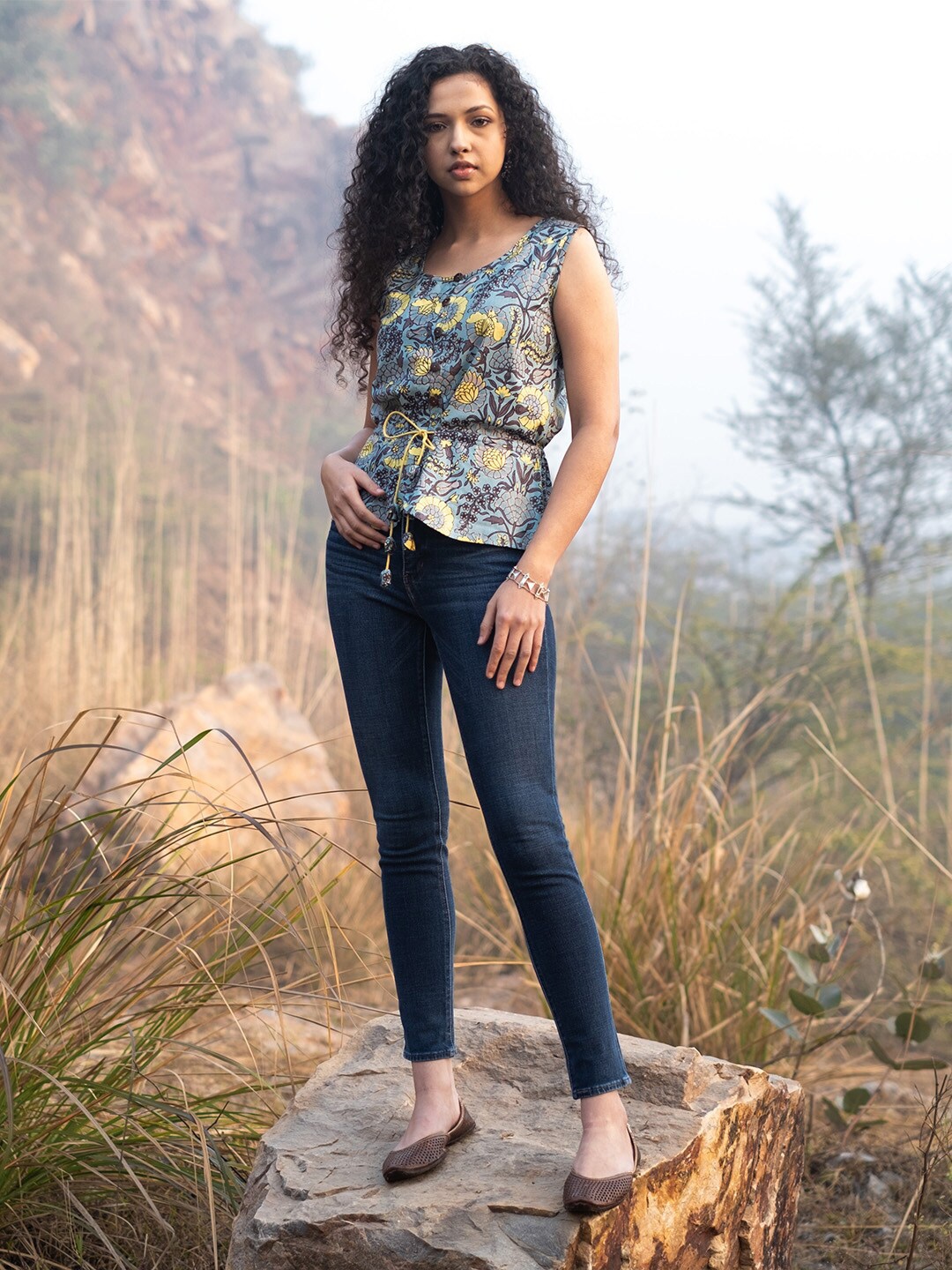 AKISO Floral Print Cotton Top, Blue
