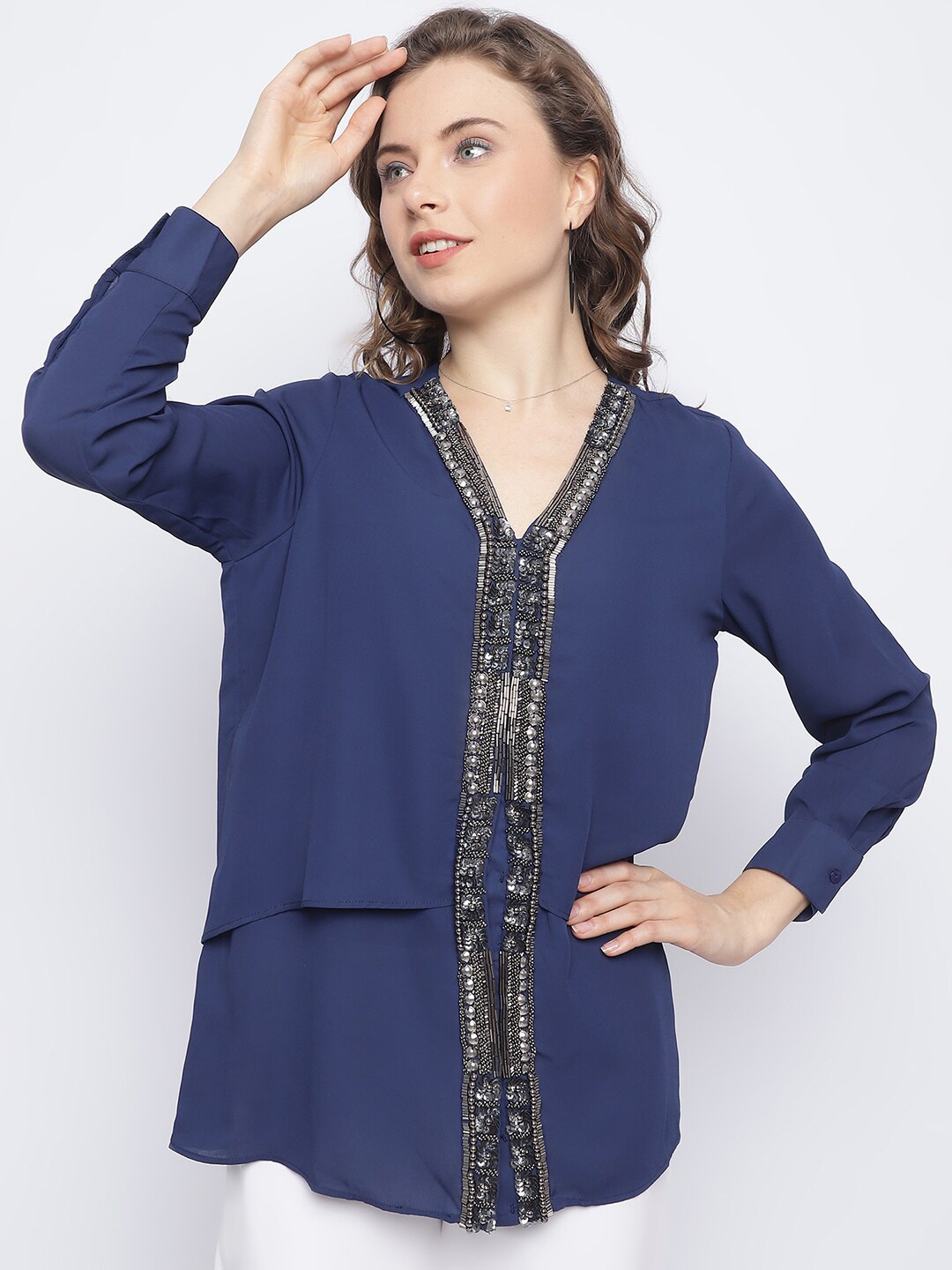 CHIQUE Collarless Party Shirt, Navy blue
