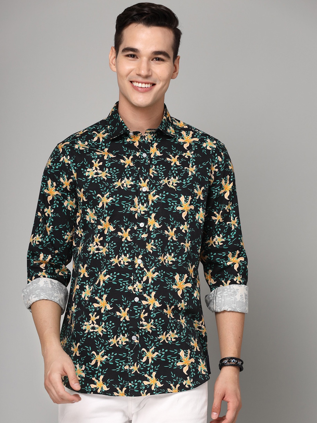 VALBONE Comfort Floral Printed Semiformal Shirt, Black