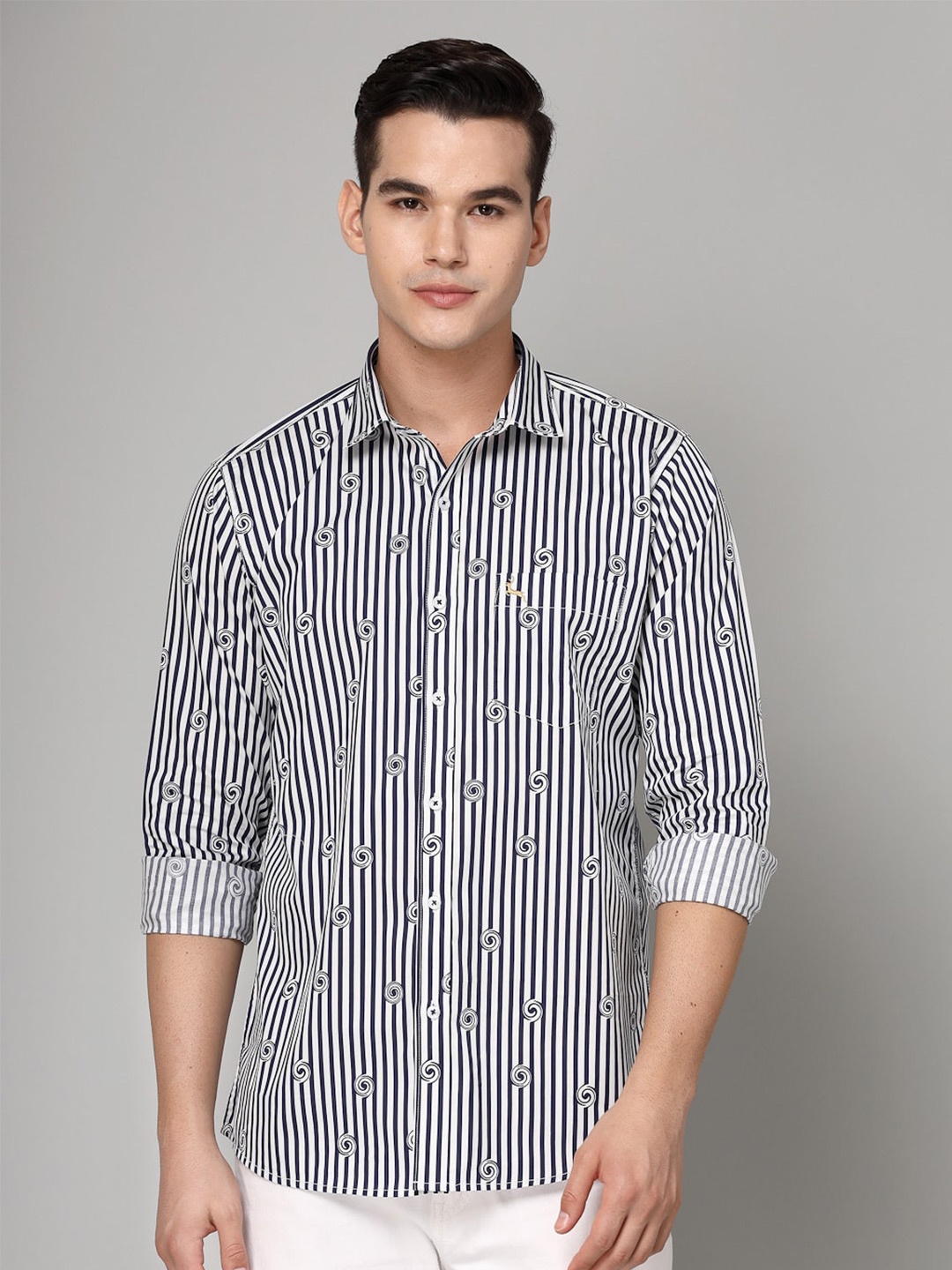 VALBONE Comfort Opaque Striped Semiformal Cotton Shirt, White