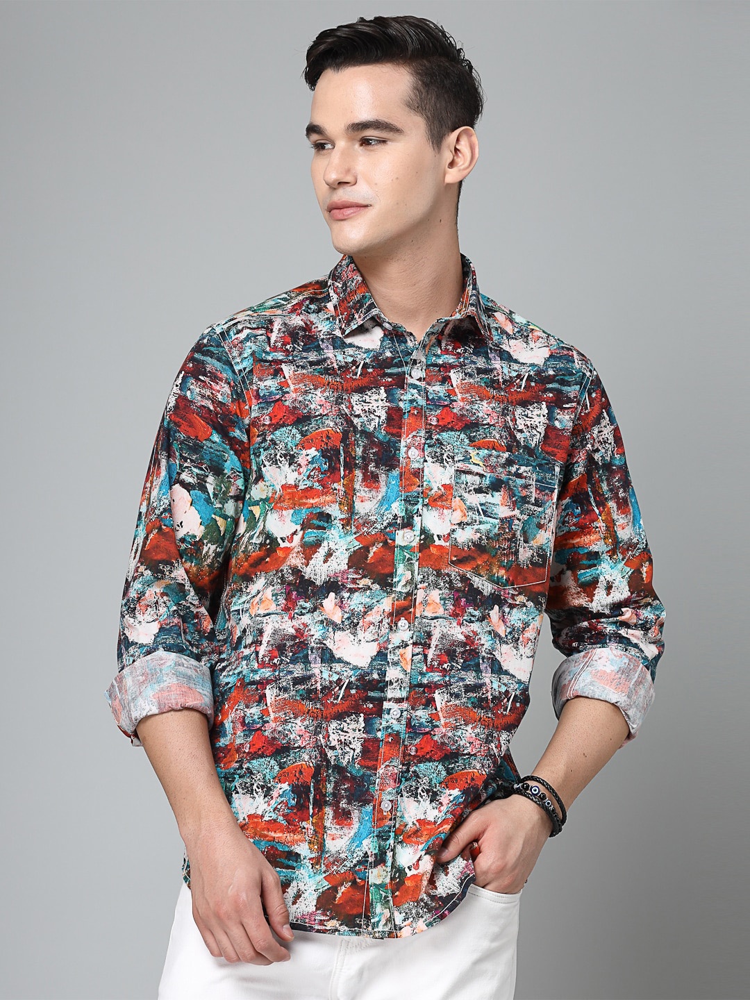 VALBONE Comfort Opaque Printed Cotton Casual Shirt, Red