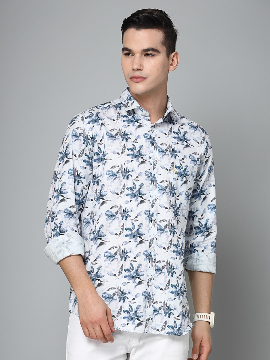 VALBONE Comfort Floral Printed Cotton Casual Shirt, White