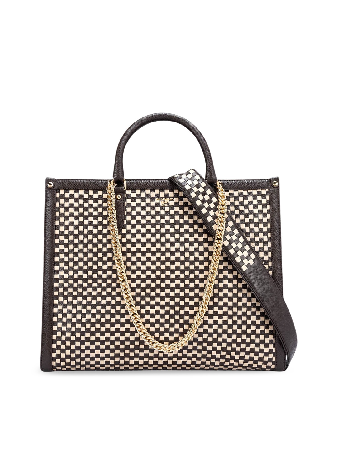 Da Milano Checked Leather Oversized Shopper Handheld Bag, Brown