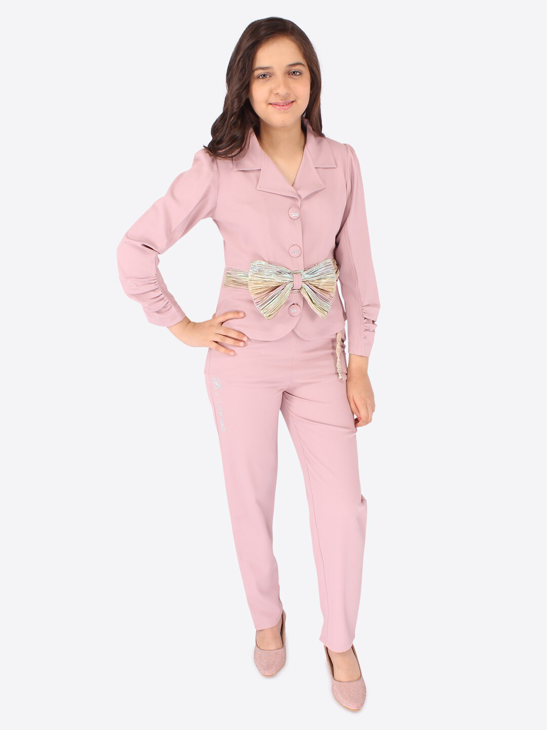 CUTECUMBER Girls Bow Detailed Coat with Trousers, Pink 
CUTECUMBER Girls Bow Detailed Coat with Trousers, Pink