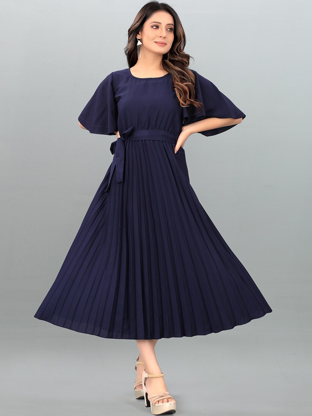 DEKLOOK Flared Sleeve Fit & Flare Midi Dress, Blue
