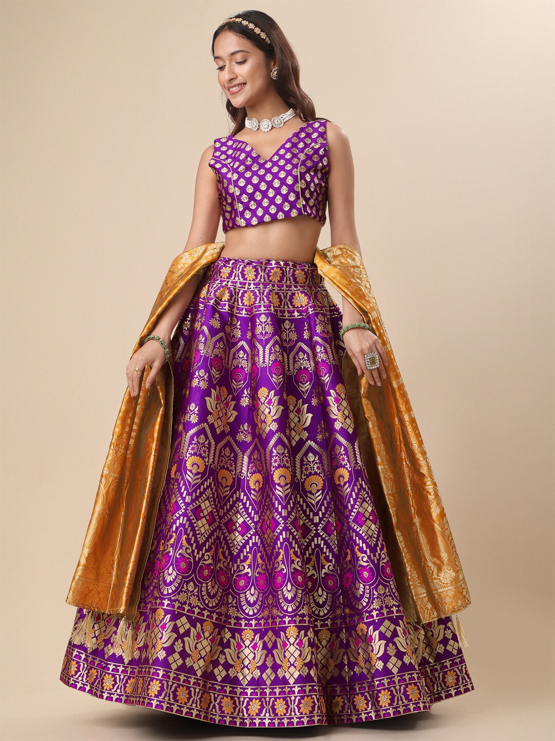 PURVAJA Woven Design V-Neck Ready to Wear Lehenga & Unstitched Blouse With Dupatta, Magenta
PURVAJA Woven Design V-Neck Ready to Wear Lehenga & Unstitched Blouse With Dupatta, Magenta