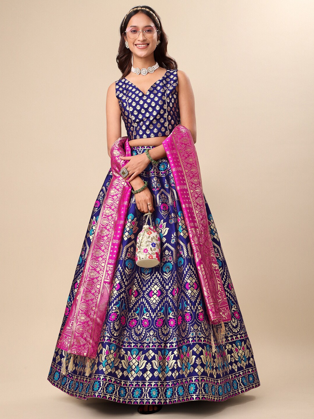 PURVAJA Woven Design Ready to Wear Lehenga & Unstitched Blouse With Dupatta, Navy blue
PURVAJA Woven Design Ready to Wear Lehenga & Unstitched Blouse With Dupatta, Navy blue