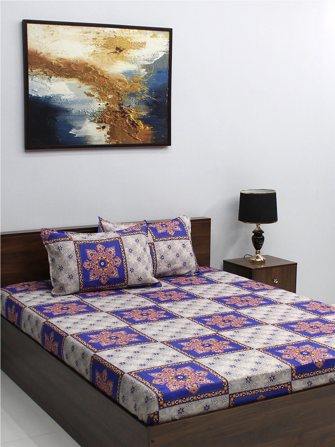 BOMBAY DYEING Vista Grey & Violet Ethnic Motifs 144 TC Queen Bedsheet With 2 Pillow Covers