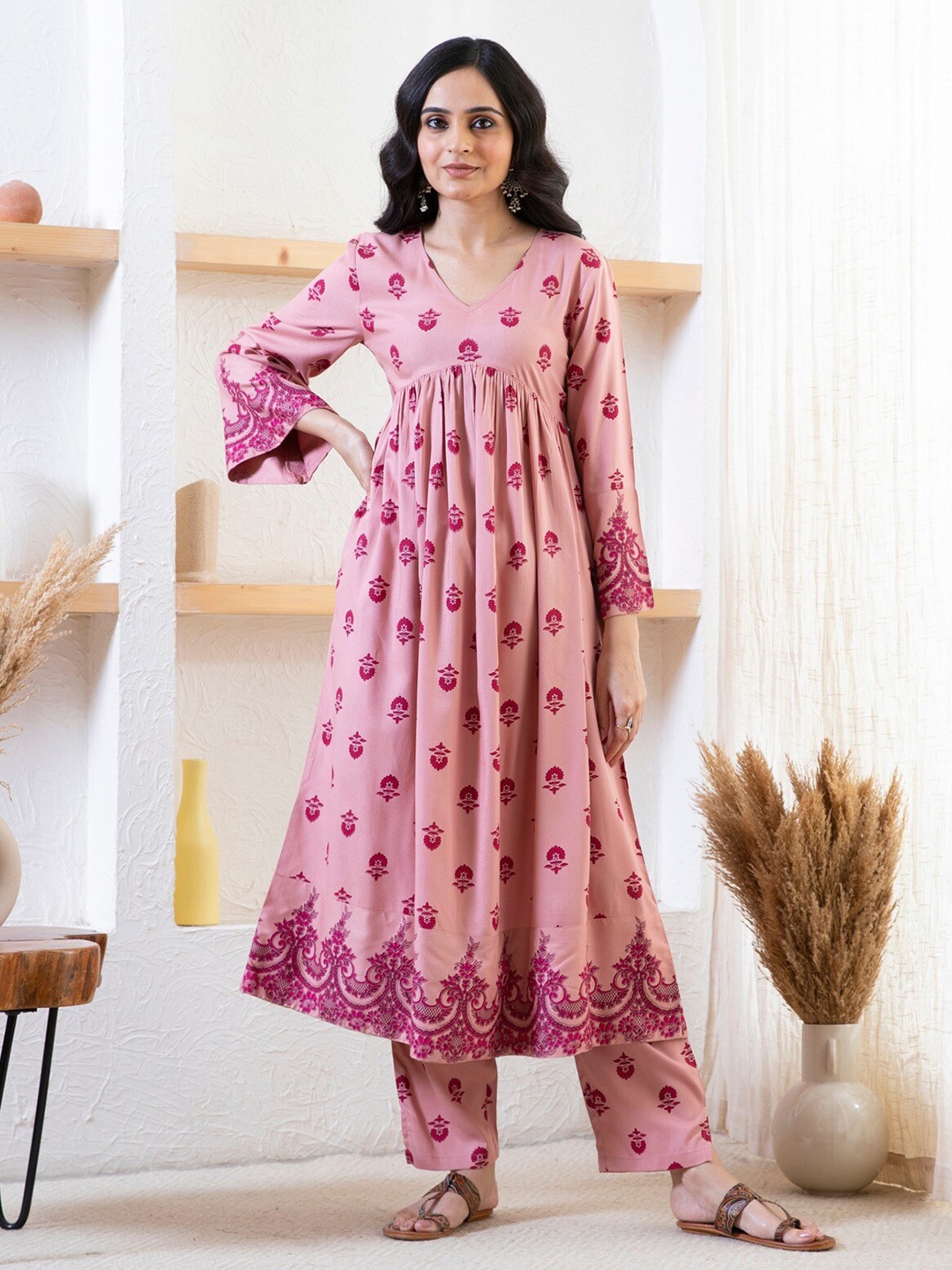 Rustorange Ethnic Motifs Printed V-Neck Bishop Sleeves Maxi Dress, Pink