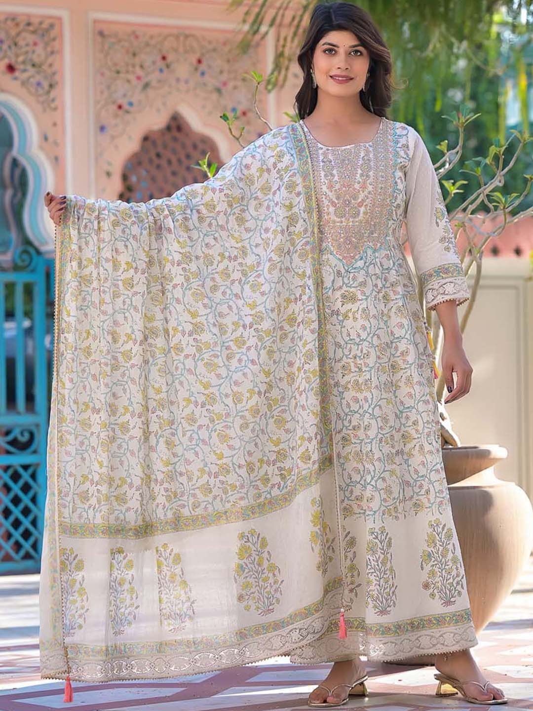 Meena Bazaar Floral Printed Thread Work Anarkali Kurta With Trousers & Dupatta, Cream
Meena Bazaar Floral Printed Thread Work Anarkali Kurta With Trousers & Dupatta, Cream