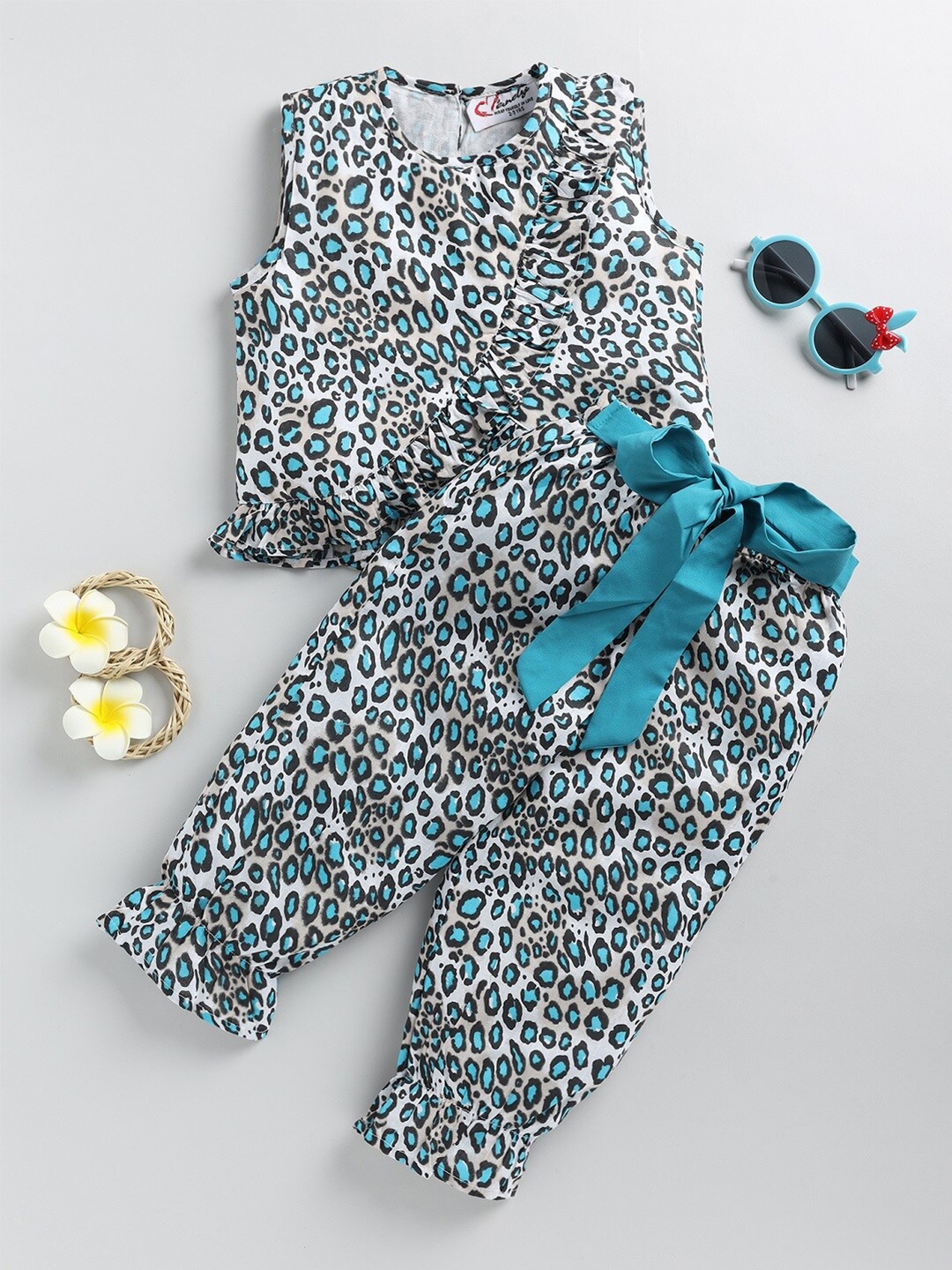 M'andy Girls Printed Pure Cotton Top With Trousers, Blue
