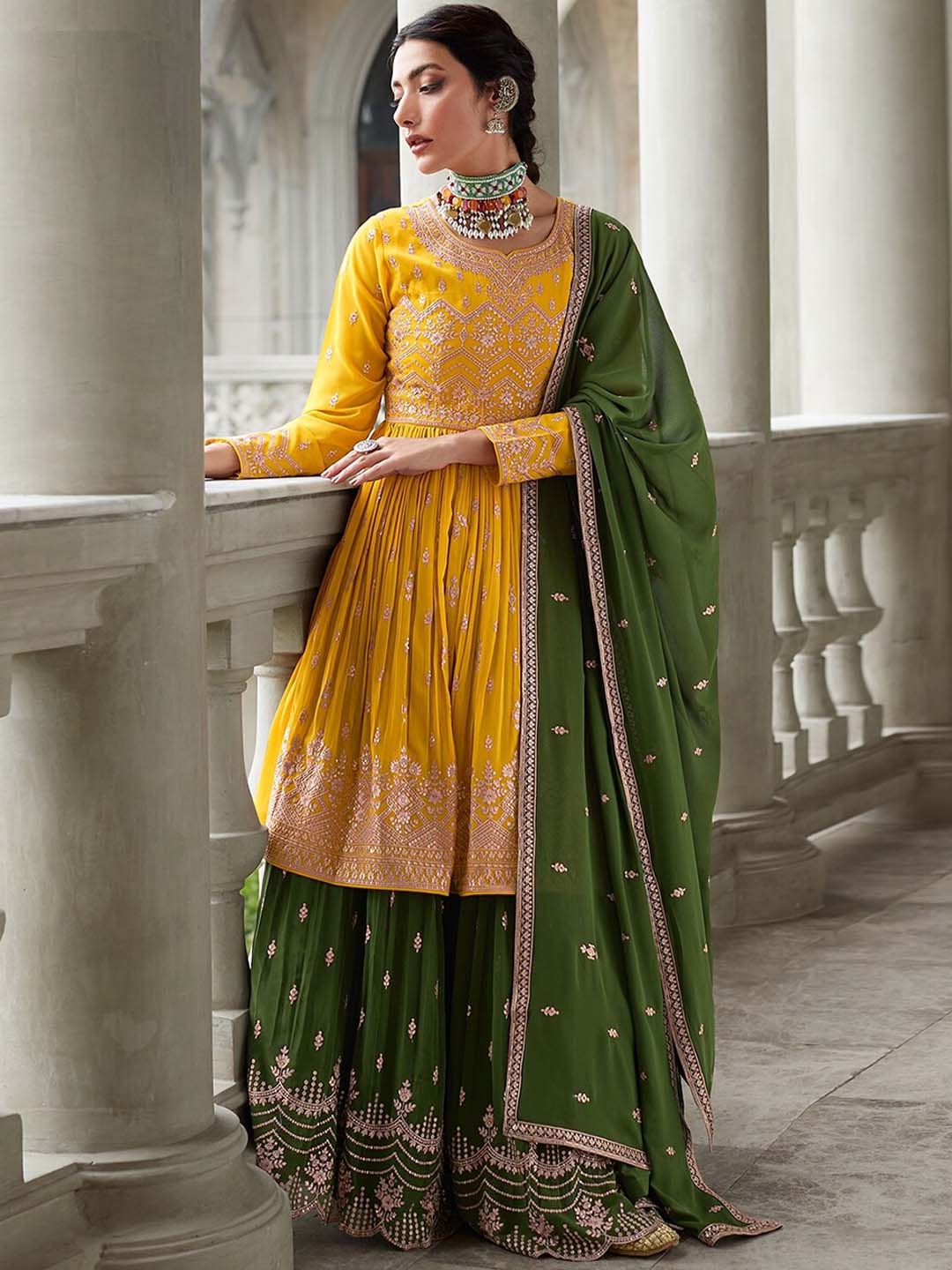 ODETTE Ethnic Motifs Embroidered Thread Work Semi Stitched Kurta with Skirt & Dupatta, Yellow
ODETTE Ethnic Motifs Embroidered Thread Work Semi Stitched Kurta with Skirt & Dupatta, Yellow