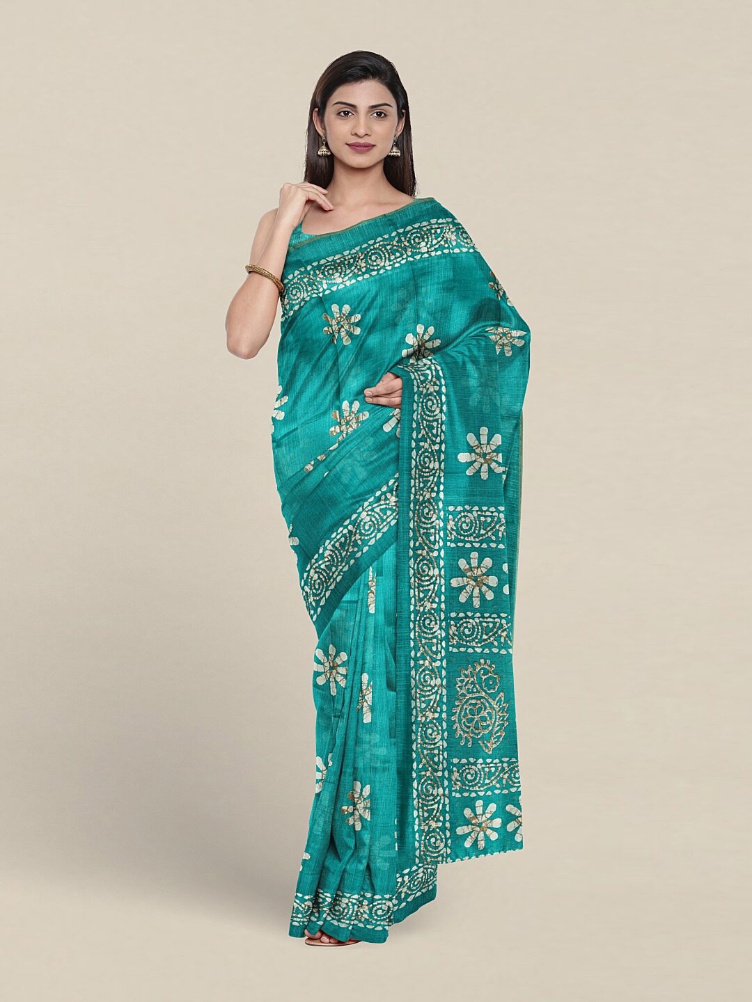 Pothys Green & Beige Floral Saree
