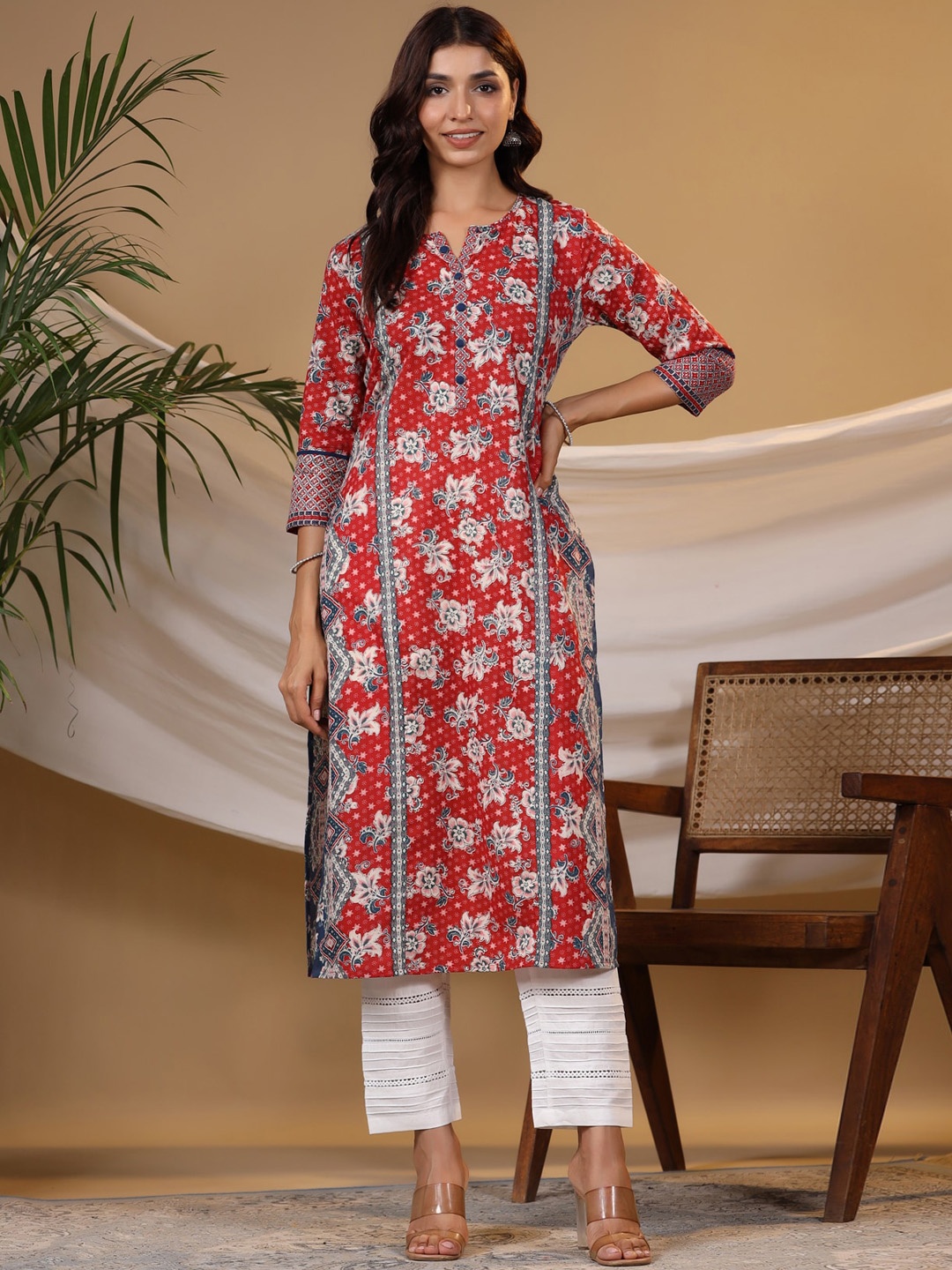 Rain & Rainbow Floral Printed Pure Cotton Kurta, Red