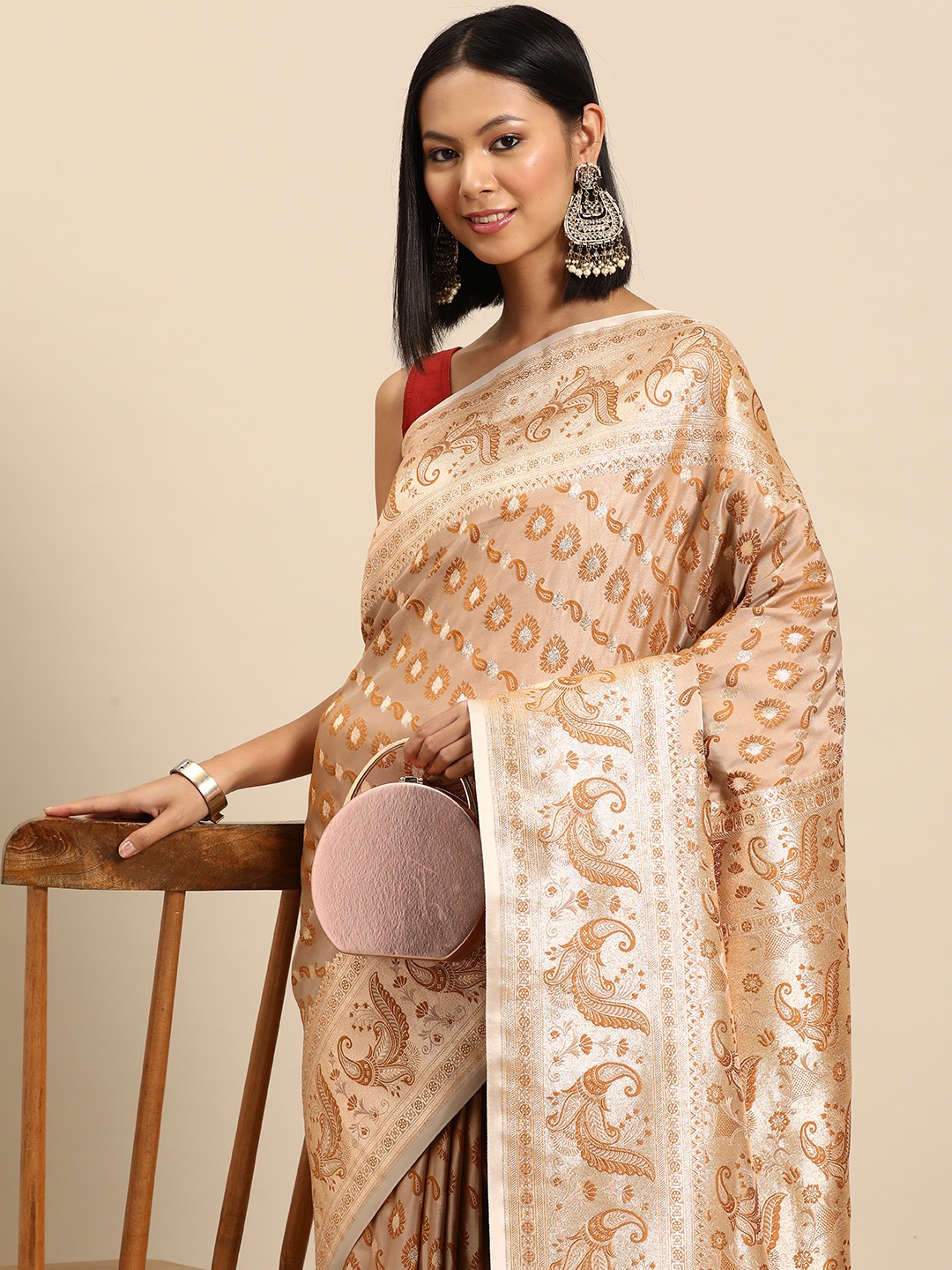 Chhabra 555 Paisley Zari Kanjeevaram Saree, Beige