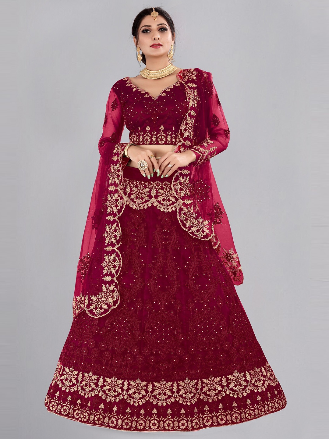 Atsevam Embroidered Thread Work Stone Work Semi-Stitched Net Lehenga Choli With Dupatta, Maroon
Atsevam Embroidered Thread Work Stone Work Semi-Stitched Net Lehenga Choli With Dupatta, Maroon