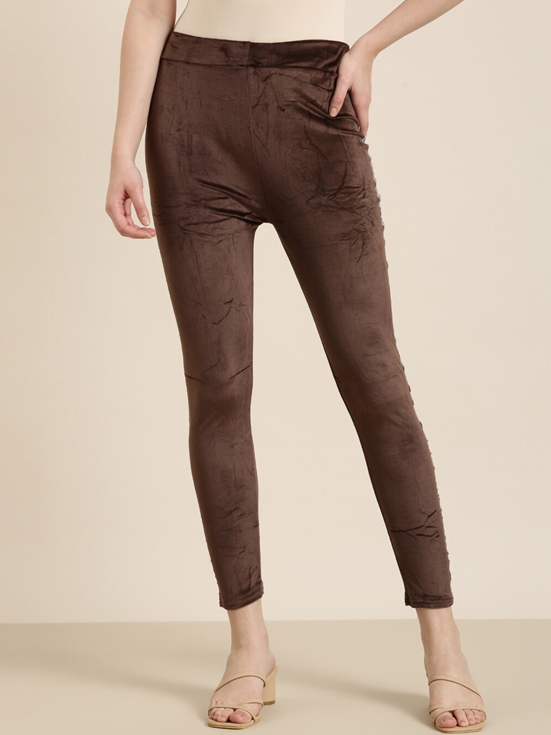 SHOWOFF Ankle-Length Velvet Leggings, Coffee brown