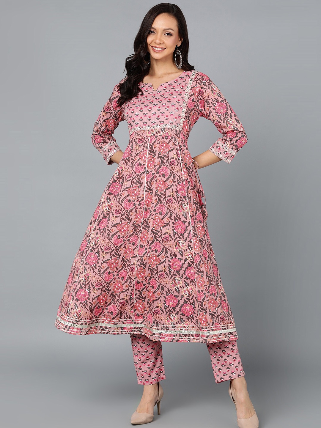 KALINI Floral Printed Panelled Anarakali Mirror Work Pure Cotton Kurta with Trousers, Pink
KALINI Floral Printed Panelled Anarakali Mirror Work Pure Cotton Kurta with Trousers, Pink