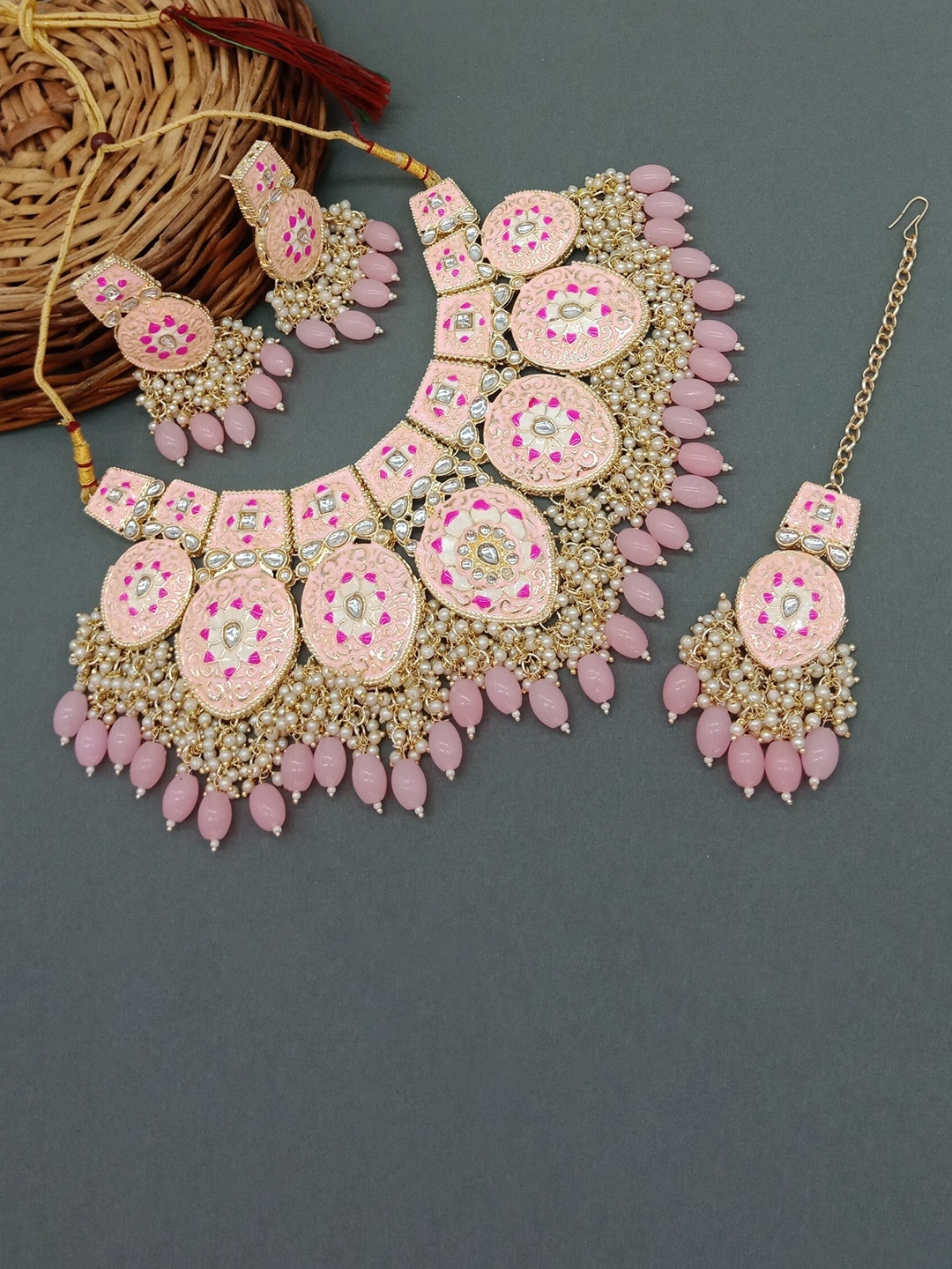 AASHISH IMITATION Gold-Plated Meenakari Enameled Kundan-Studded & Beaded Jewellery Set
AASHISH IMITATION Gold-Plated Meenakari Enameled Kundan-Studded & Beaded Jewellery Set