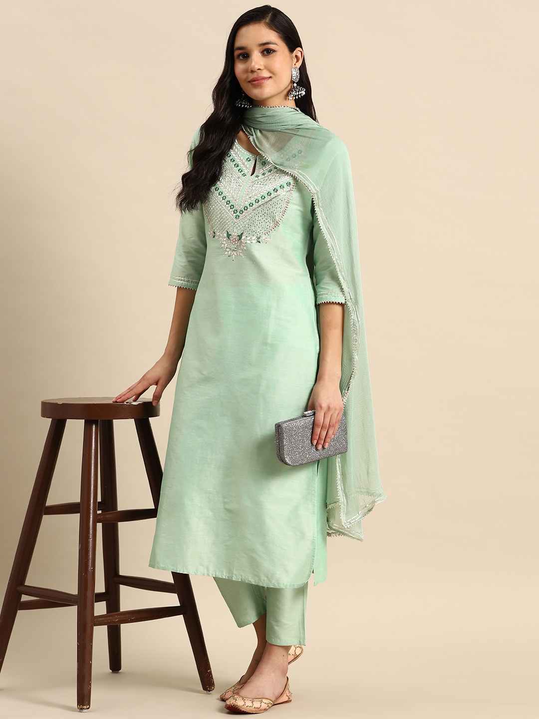 Sangria Ethnic Motifs Yoke Design Sequinned Kurta with Trousers & Dupatta, Sea green
Sangria Ethnic Motifs Yoke Design Sequinned Kurta with Trousers & Dupatta, Sea green