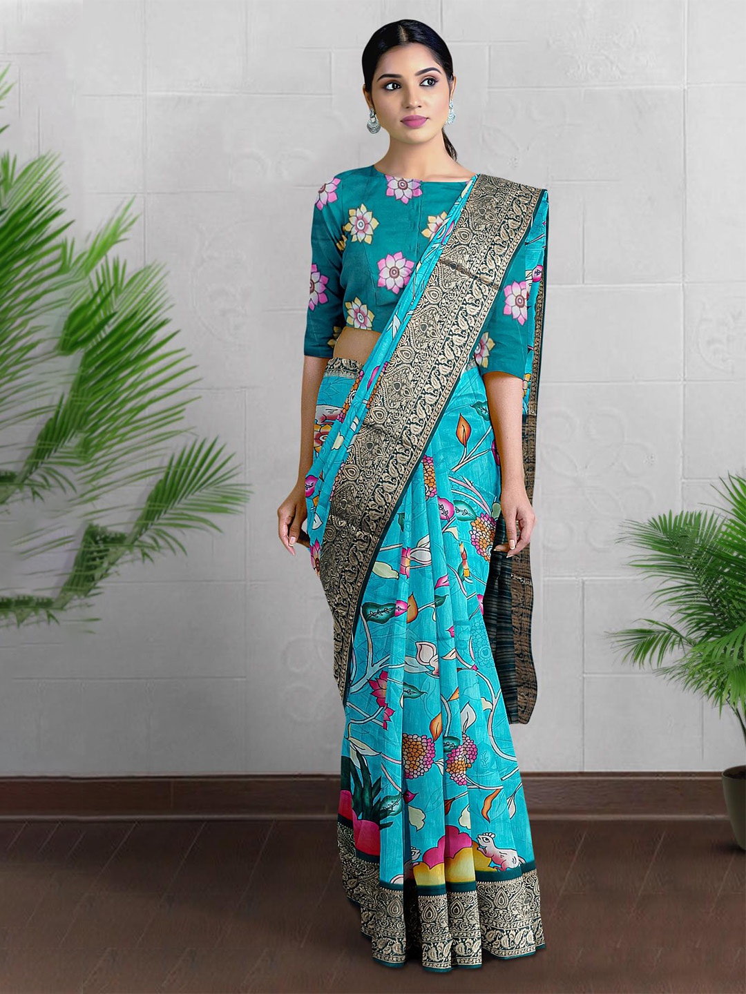 Kalamandir Floral Printed Silk Blend Saree, Blue