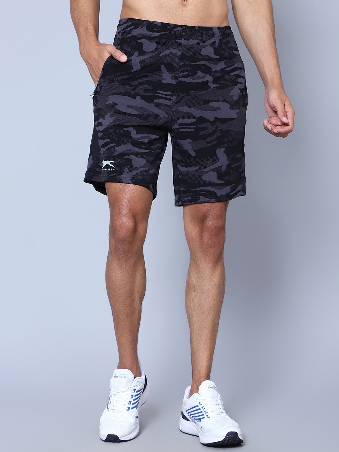 Shiv Naresh Men Camouflage Printed Sports Shorts, Black