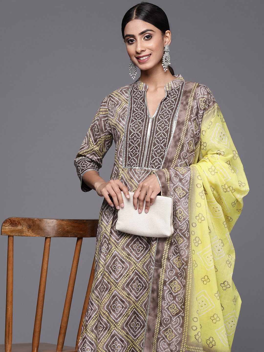 Libas Women Bandhani Printed Gotta Patti Pure Cotton Kurta with Trousers & With Dupatta, Brown
Libas Women Bandhani Printed Gotta Patti Pure Cotton Kurta with Trousers & With Dupatta, Brown