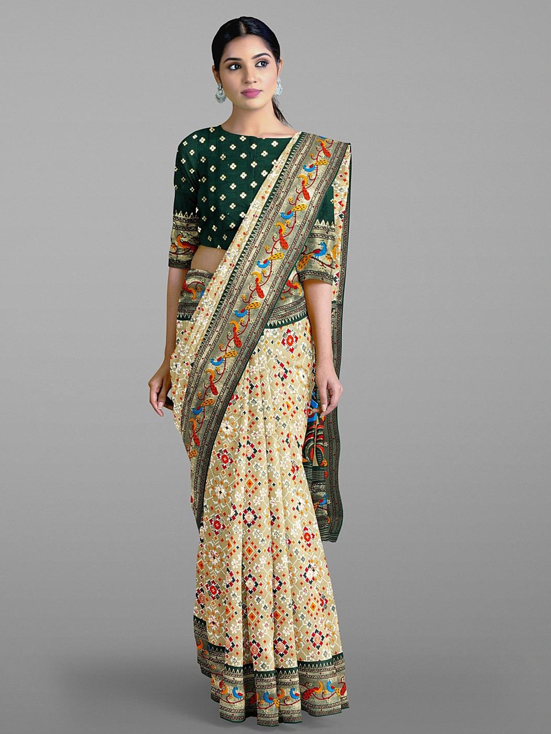 Kalamandir Beige & Green Silk Blend Saree