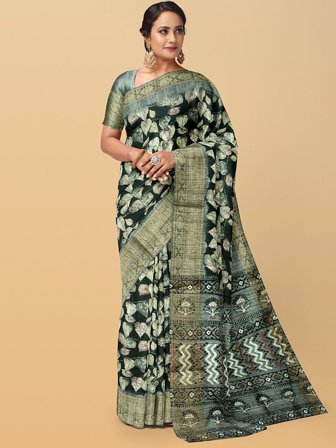 Kalamandir Floral Silk Blend Saree, Black