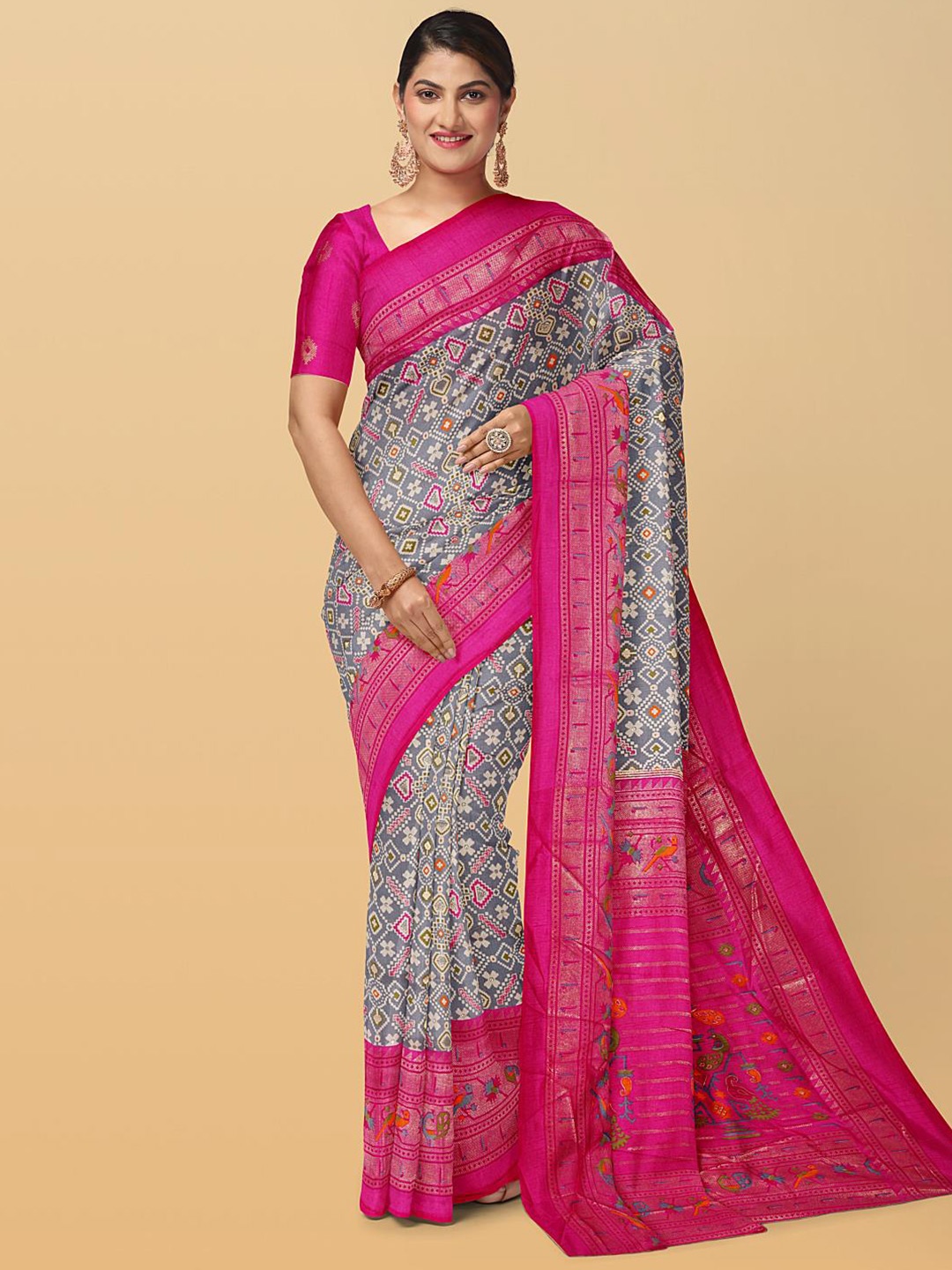 Kalamandir Ethnic Motifs Printed Zari Saree, Grey