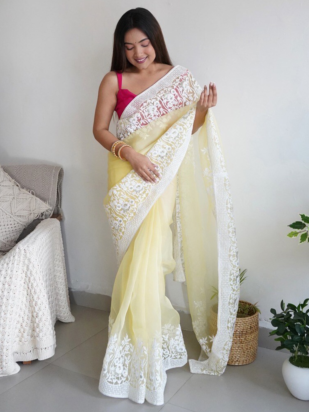 Atulyam Tex World Embroidered Organza Saree, Yellow
