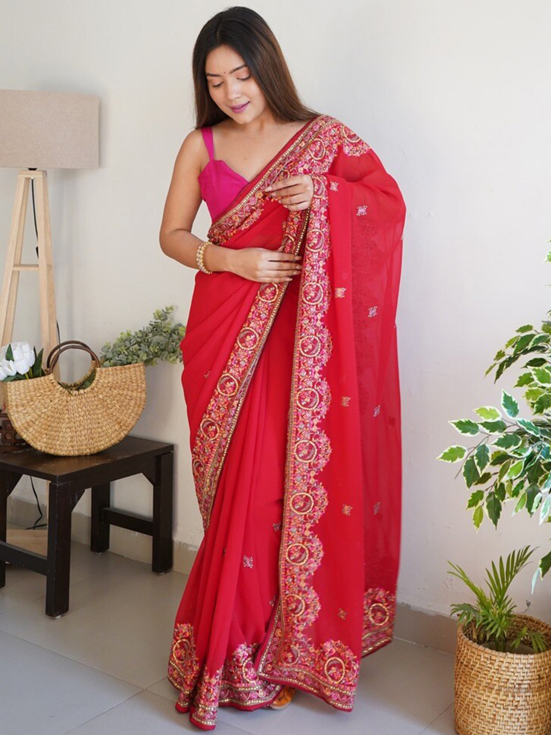 Atulyam Tex World Floral Embroidered Pure Georgette Saree, Red