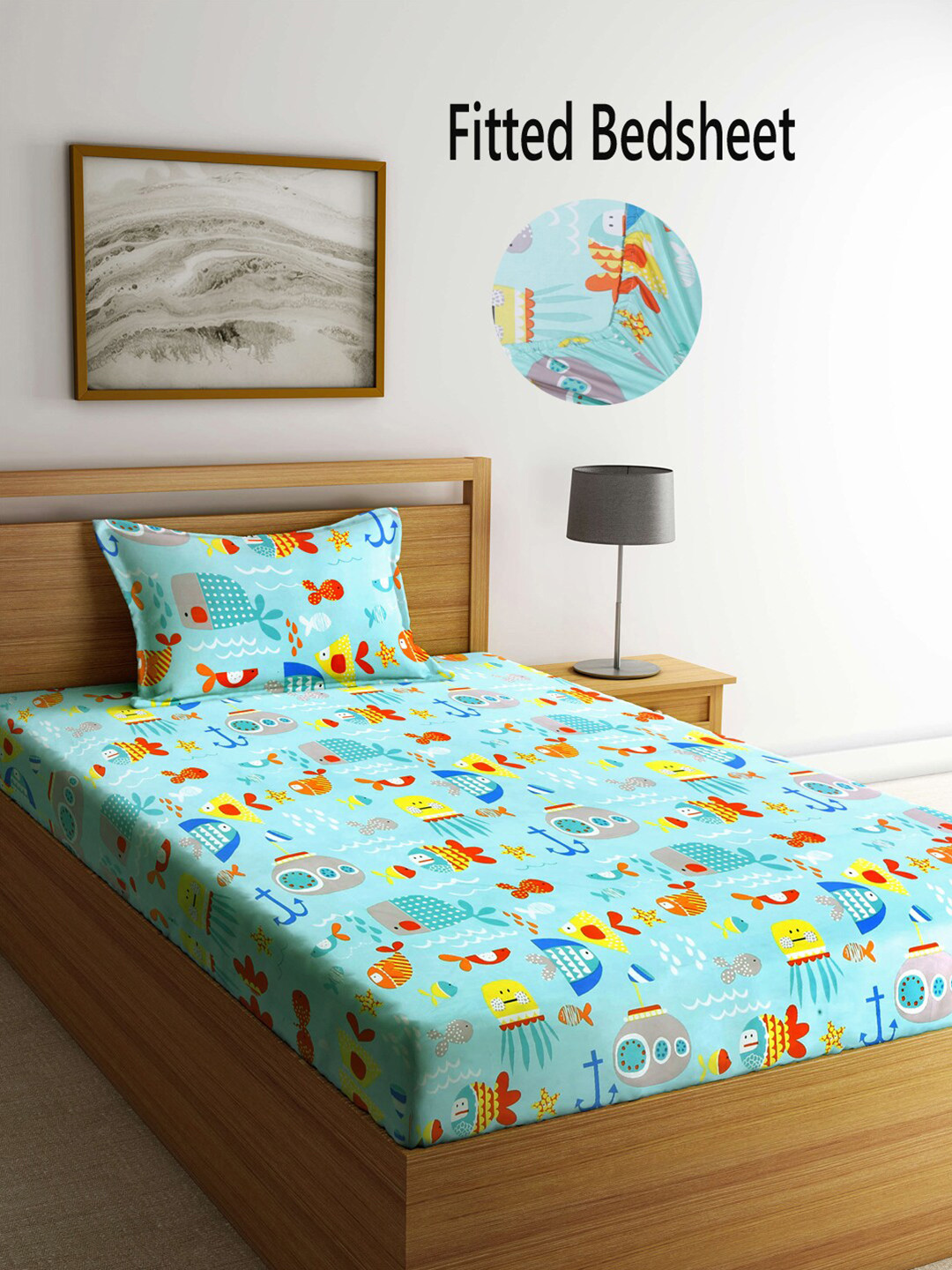 FABINALIV Turquoise Blue & Yellow Printed Fitted 300TC Single Bedsheet With 1 Pillow Cover
FABINALIV Turquoise Blue & Yellow Printed Fitted 300TC Single Bedsheet With 1 Pillow Cover